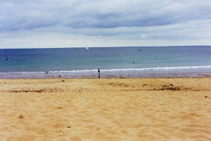 constantin regardant un coquillage - photo de vacances - vue de loin